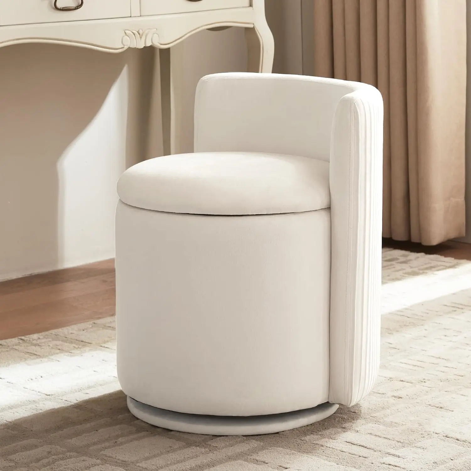 Velvet Swivel Vanity Stool with Storage & Striped Back, Upholstered Ottoman for Bedroom Dressing Living Room, Customized