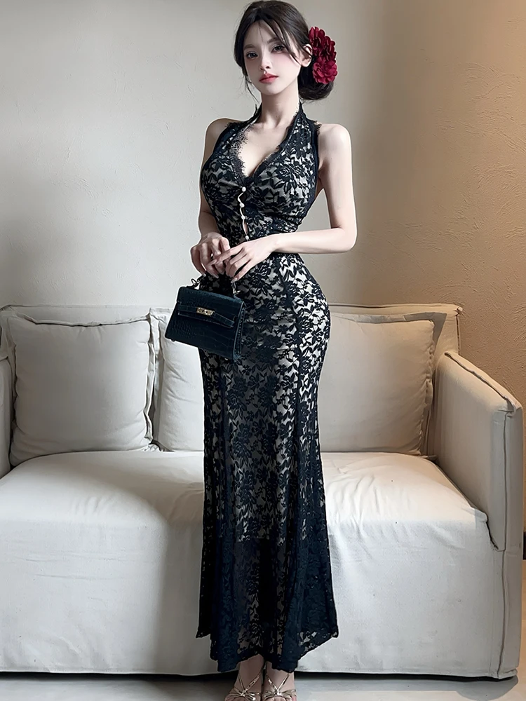 Sommer Schwarz Spitze Jacquard Diamanten Neck-montiert Sexy Lange Kleid Frauen Vintage Luxus Abendkleid 2025, Koreanische Bodycon Vestidos