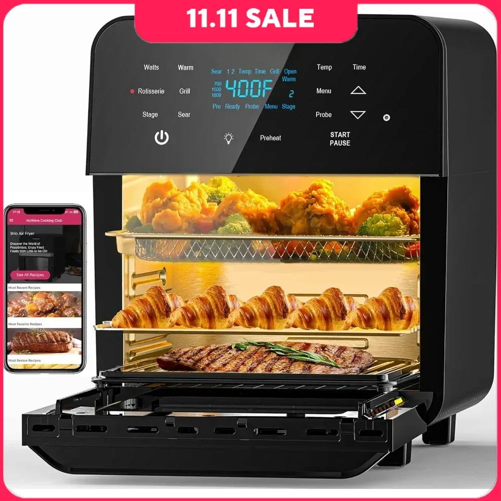 

15.5Qt Air Fryers, Air Fryer Rotisserie Oven, 50°-425°F Temp Controls and 4 Rack Positions 100 Presets 50 Memory, Air Fryers