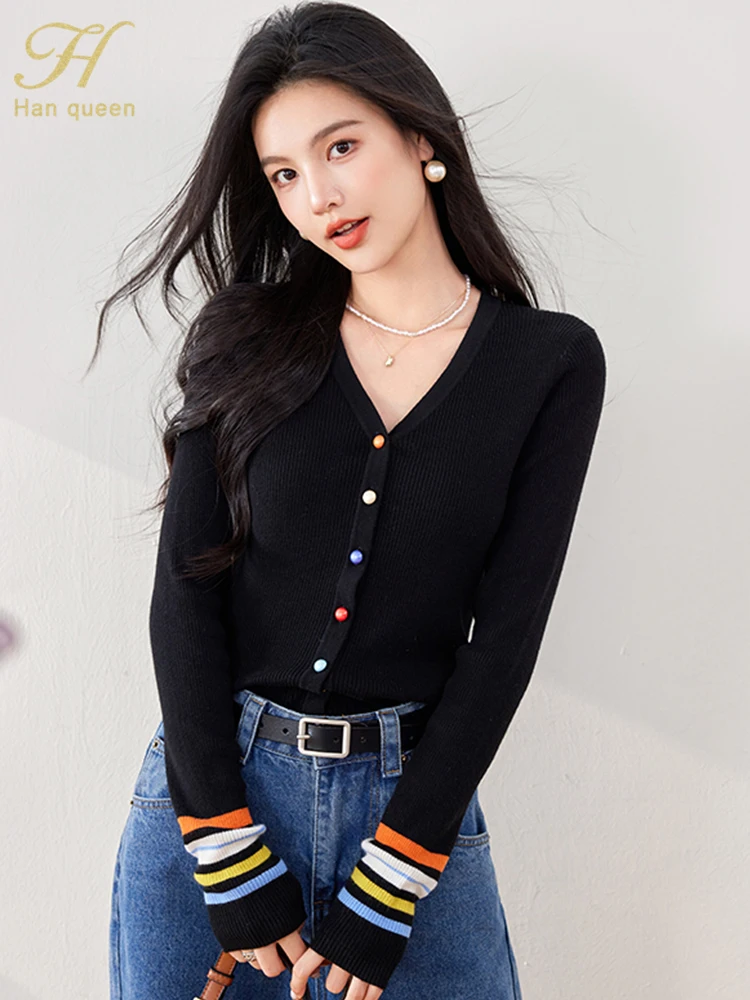 H Han Queen Autumn Winner Tops New Colorblocked Striped Knit Sweater T-Shirt Womens Vintage Work Casual Tops Elegant Women Tee