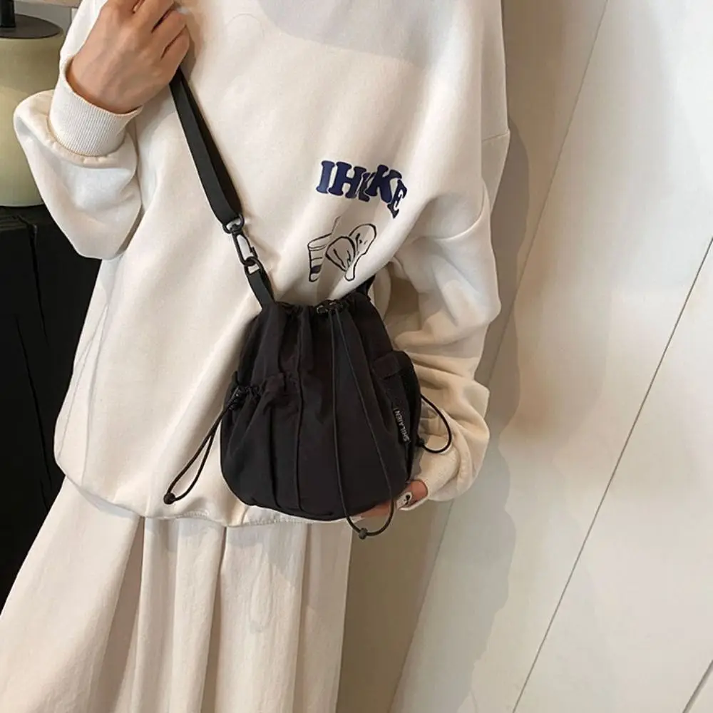 Korean Style Drawstring Bucket Bag Solid Color Large Capacity Nylon Crossbody Bag Mesh Adjustable Shoulder Strap Shoulder Bag