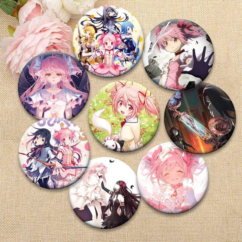 

Anime Puella Magi Madoka Magica Pins Kaname Madoka,Akemi Homura,Miki Sayaka,Tomoe Mami,Incubator,QB Badge Round Cartoon Brooches