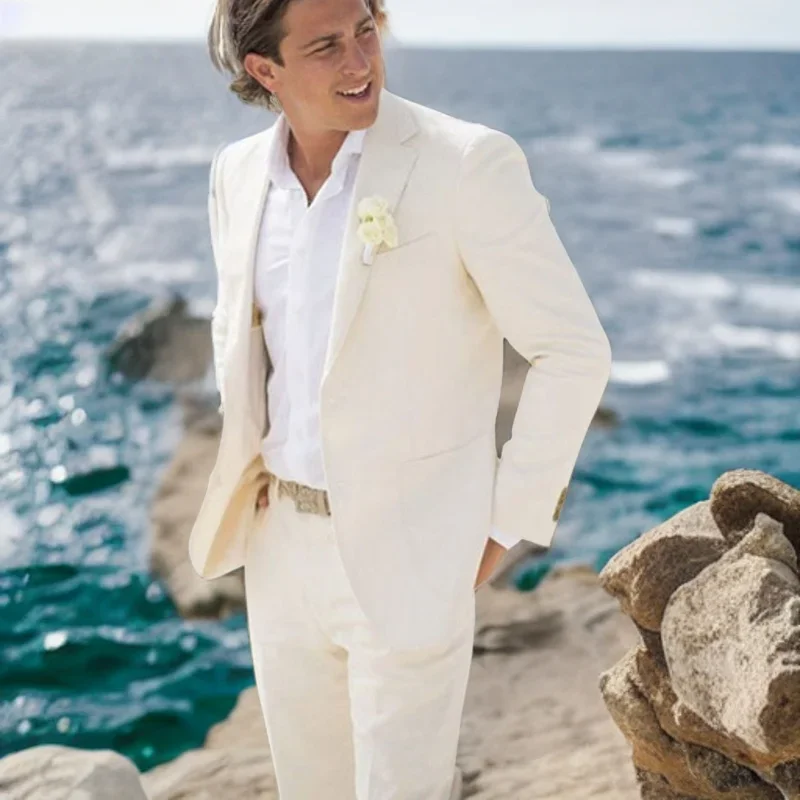 

Linen Beach Suits for Men 2 Pcs Wedding Slim Fit Groom Tuxedo Formal Prom Best Man Blazer Male Fashion Jacket with Pants