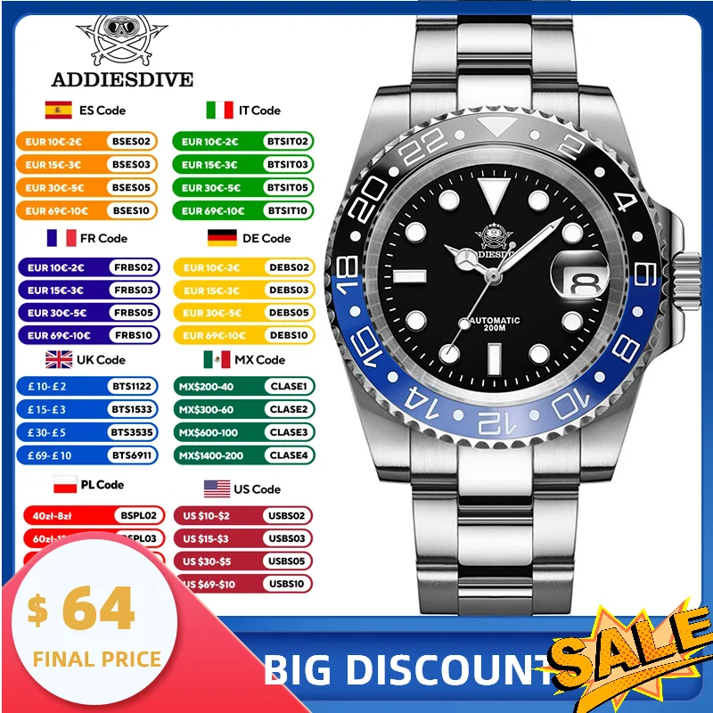 

ADDIESDIVE AD2503 Luxury Men Automatic Watch 8215 Movement Sapphire Glass Diving Watches 200M Waterproof Mechanical reloj hombre