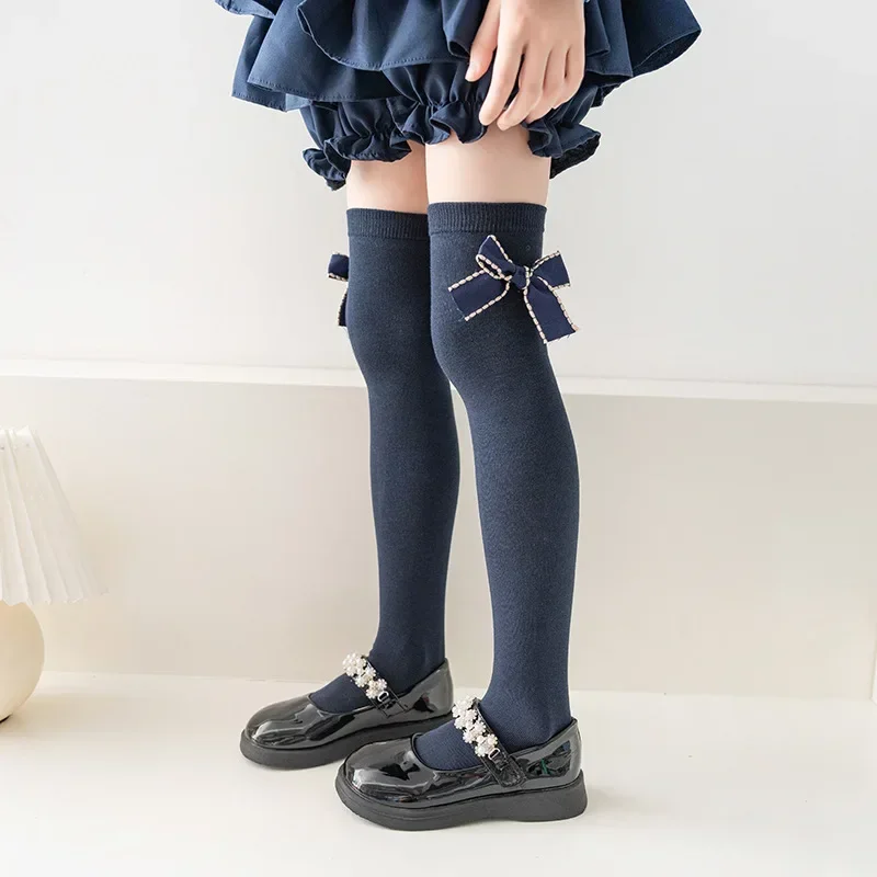 Medias largas de Lolita para niña, calcetines de pantorrilla con lazo para bebé, versión coreana, otoño e invierno, 48CM, 3-12 años