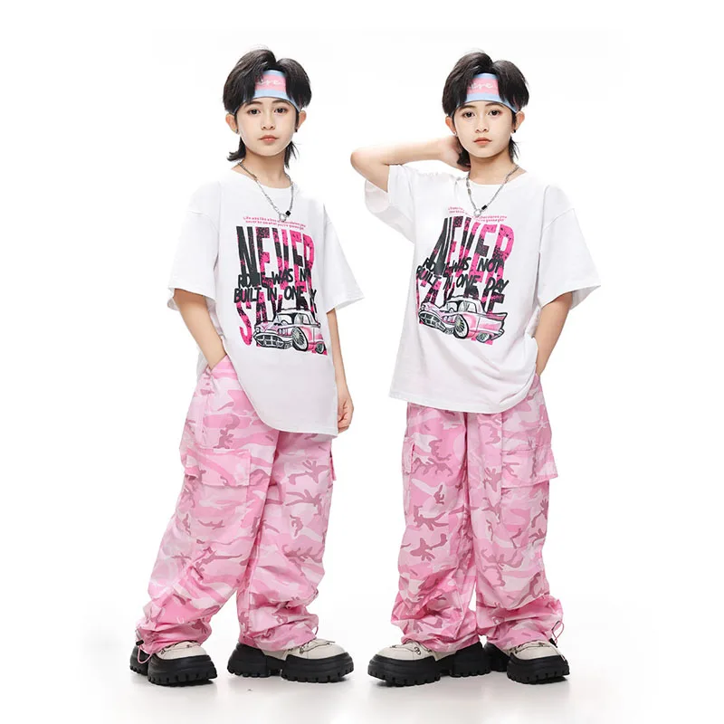 

Kid Hip Hop Clothing White Graphic Tee T Shirt Pink Camouflage Casual Wide Cargo Pants for Girl Boy Jazz Dance Costume Clothes