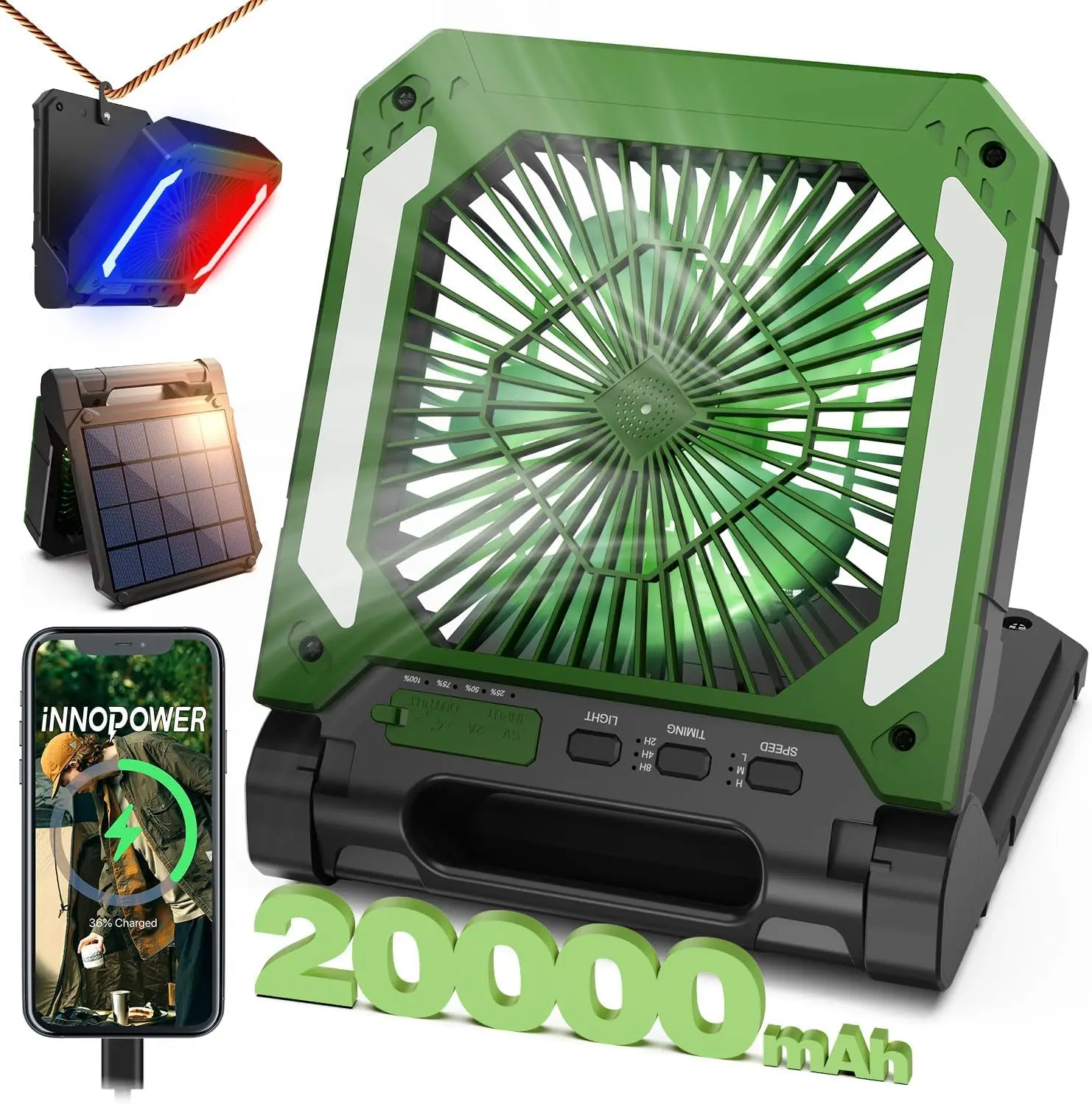 Rechargeable Solar Camping Fan with Led Lantern, 3 Speeds Cordless Battery Powered Portable Fan with PowerBank,Timer & Hanging