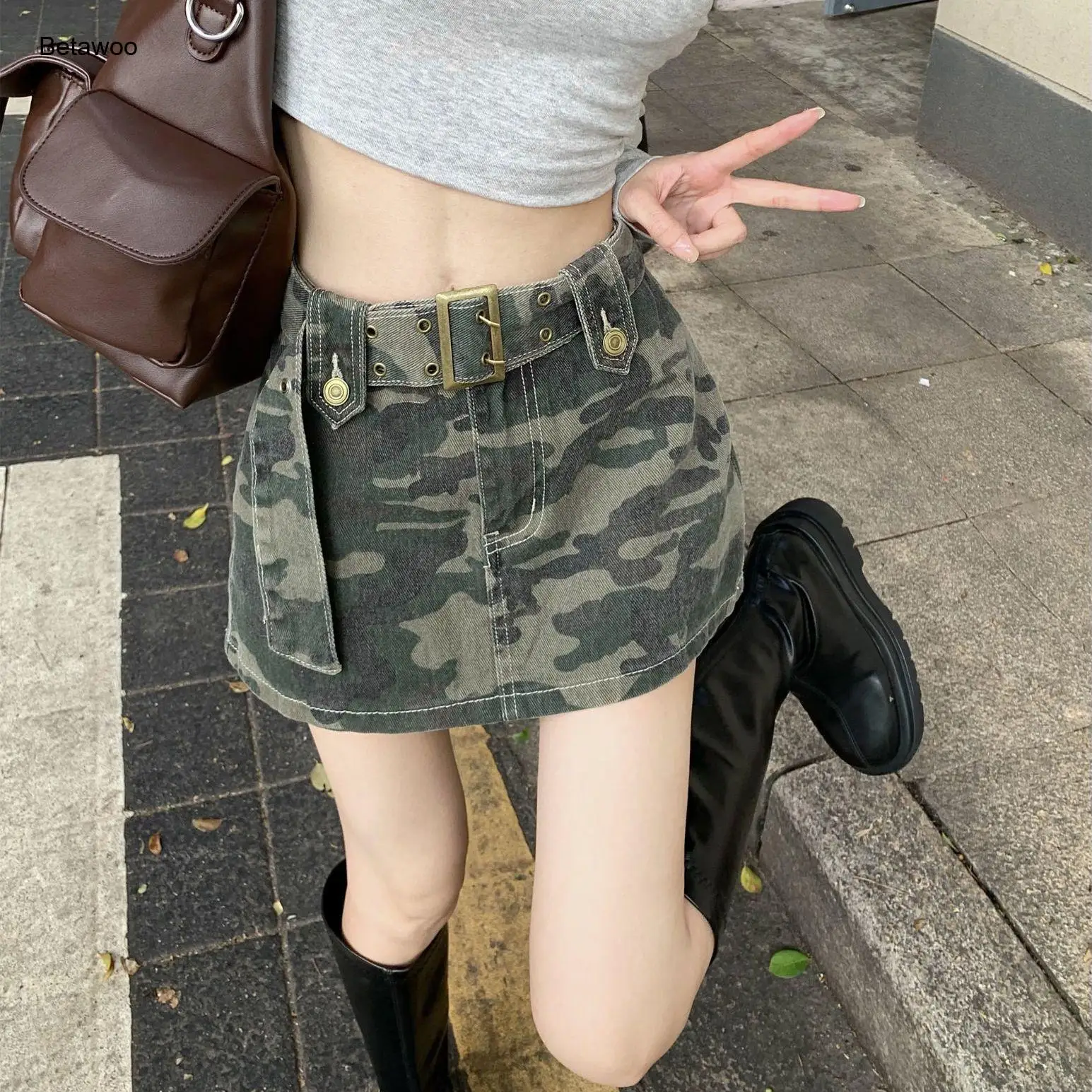Women Camouflage Mini Skirt High Waist with Buckle Belt Casual Streetwear Y2K Utility Skirt