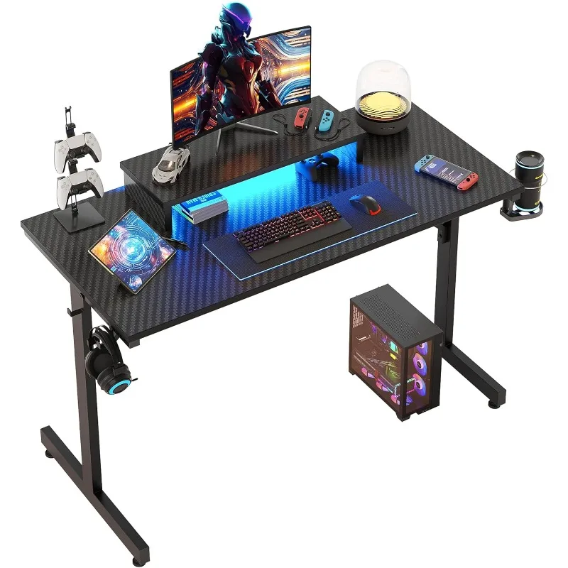 Small Gaming Desk with Monitor Stand, 42 Inch LED Computer Desk, Gamer Desk with Cup Holder & Headset Hooks, Modern Simple