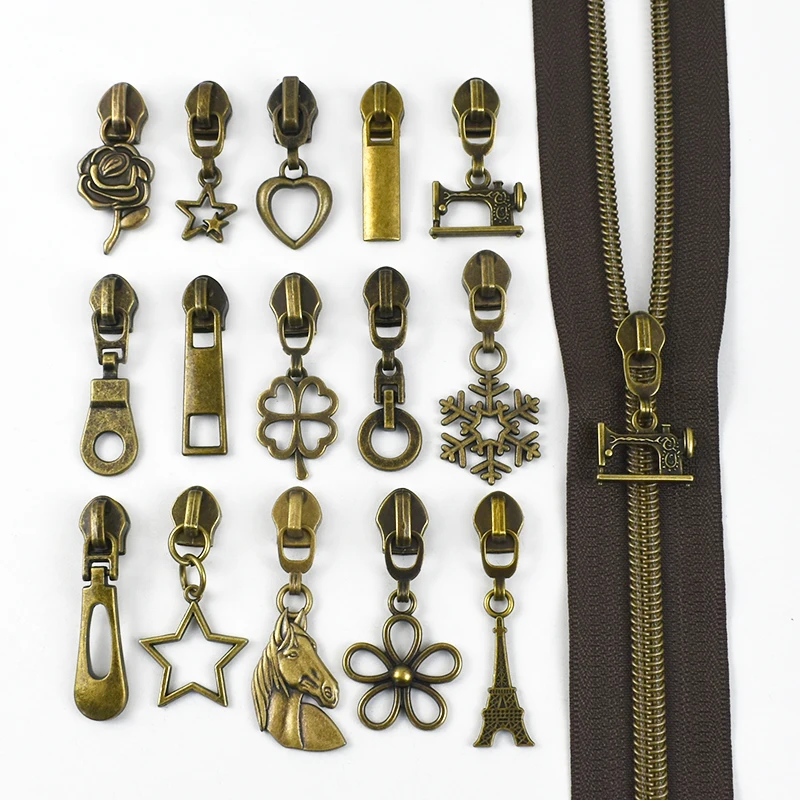 10/30Pcs 5# Bronze Zipper Sliders for Nylon Zippers Zip Head Puller Bag Clothes Luggage Repair Kit DIY Sewing Accessories
