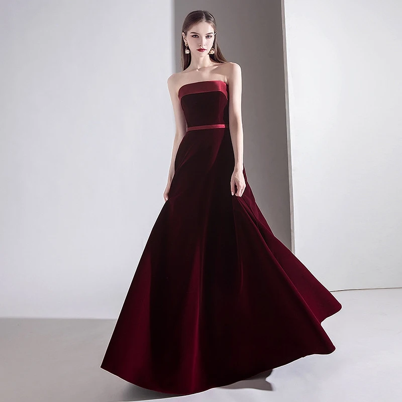 

Burgundy Black Velvet Evening Dresses Floor Length A Line Boat Neck Lace Up Slim Women Sleeveless Elegant Formal Prom Gown