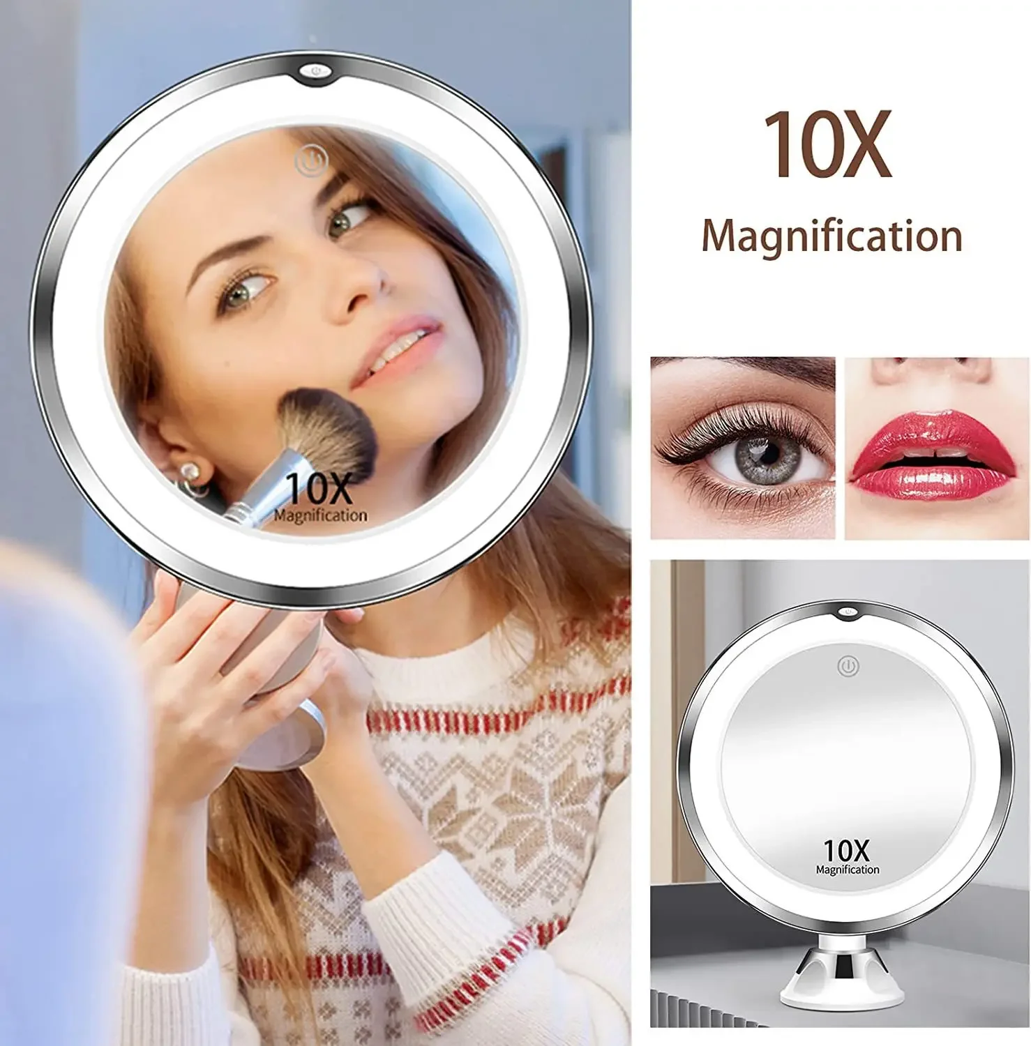 

Flexible 10x Magnifying Vanity Mirror with Lights Touch Screen Lighting Dressing Makeup Lamp Bottom Sucker Portable Design LED