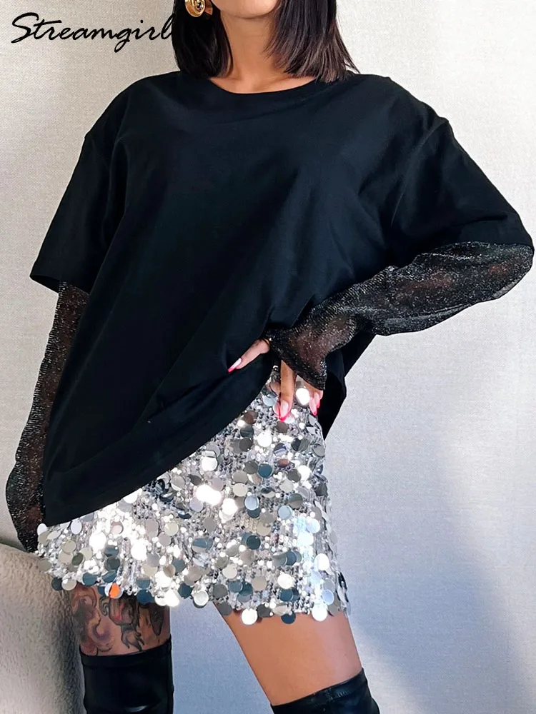 Bright Mesh Oversize T Shirt Women Long Sleeve Summer Bright Silk Sunscreen Top Loose Mesh Sleeves Tshirts For Women Black 2025