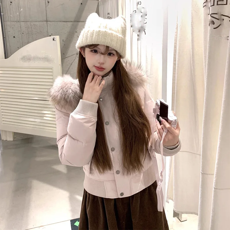 

Winter New Style 90 White Duck Down Slimming, With A Large Fur Collar And A Hat, Pink Down Jacket For Short Women