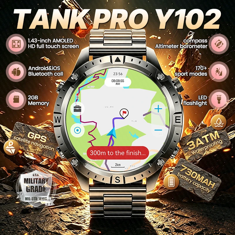 

New Outdoor GPS Map Position Smart Watch Compass 3ATM Waterproof Bluetooth Call 2GB Memory 730mAh Battery Men Sports Smartwatch