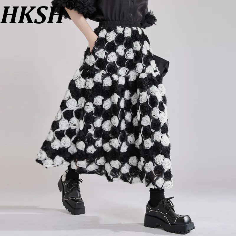 

HKSH Summer New Women Chic Skirt Heavy Craft Three-dimensional Flower Elastic Waist Draped Sweet High Street Tide Skirts HK10061