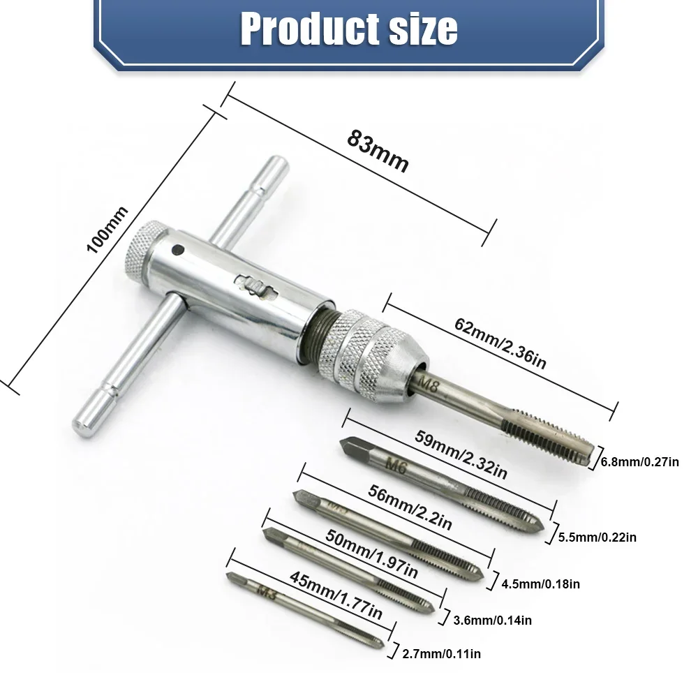 Silver Adjustable Ratchet Tap T-Handle Chuck Wrench with M3 M8 Machine Thread Metric Tap T-Tap Ratchet Wrench Set