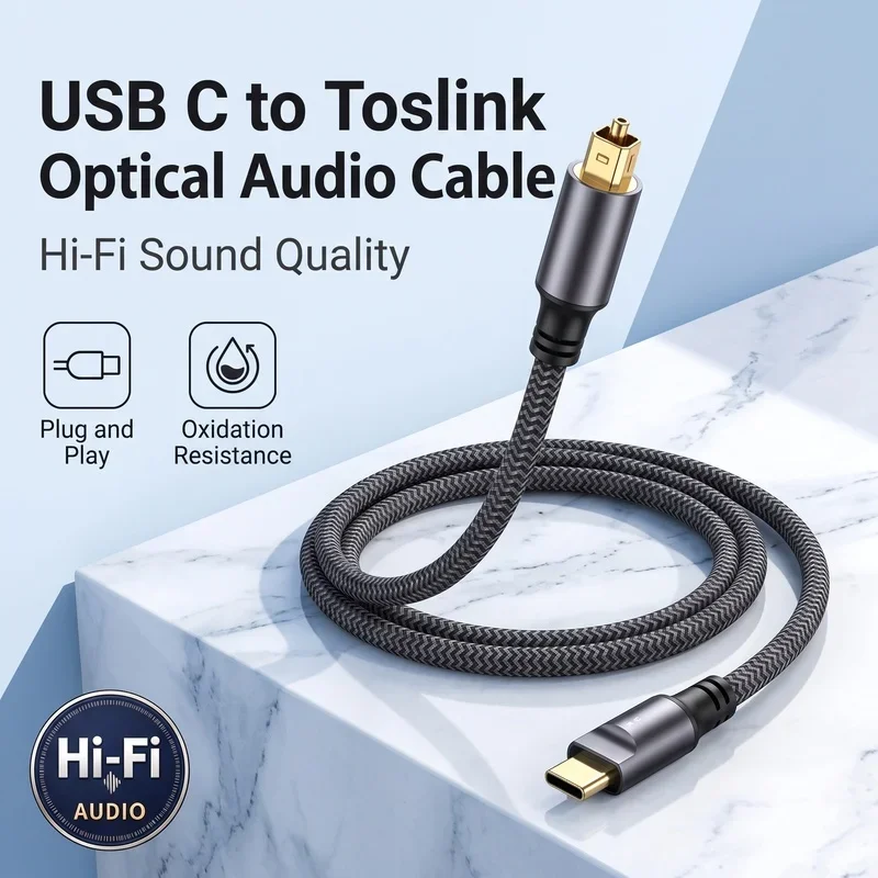 USB C to Optical SPDIF Toslink Cable Braided Gold Plated 24Bit 96kHz Digital Audio Adapter for Soundbar Speaker TV