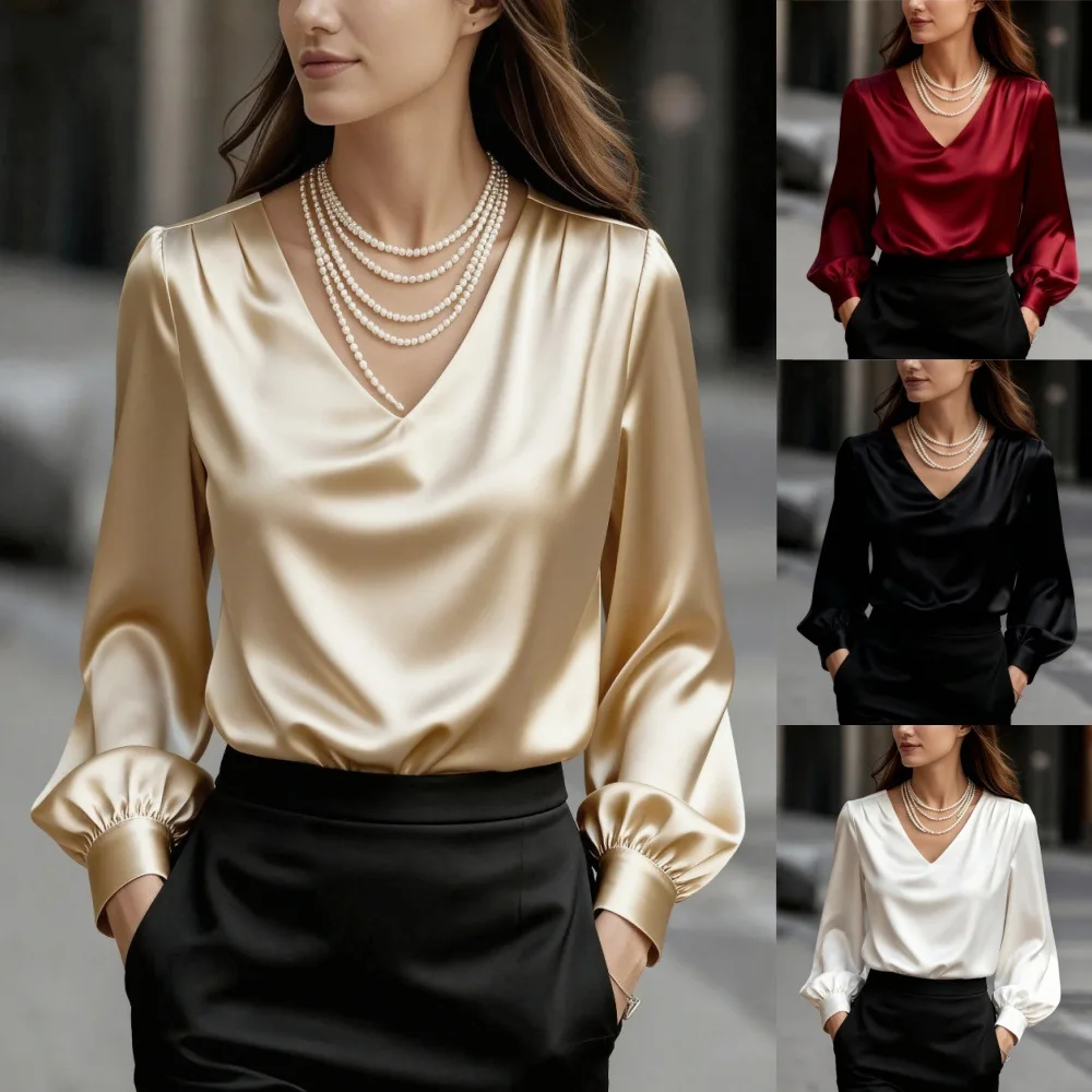 

2025 New French Elegant Temperament Puff Sleeve V-neck Satin Long Sleeve Shirt for Women
