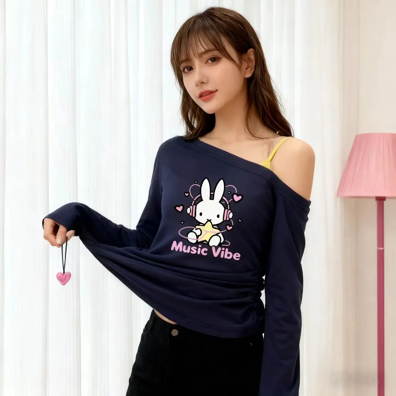 Женская футболка Miffy с открытыми плечами и длинными рукавами весной и осенью, облегающая белая и универсальная короткая футболка с нижним слоем