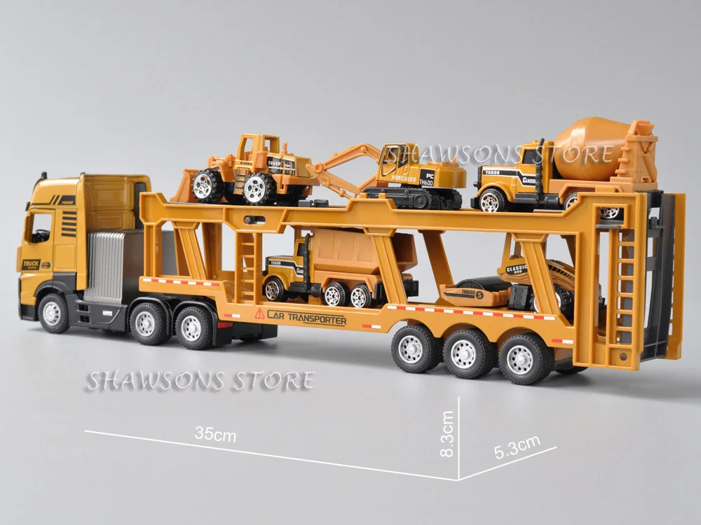 1:50 Diecast Model Truck Toy Tractor and Car Transporter Semi-Trailer With 5 Engineering Vehicles Miniature Replica Playset