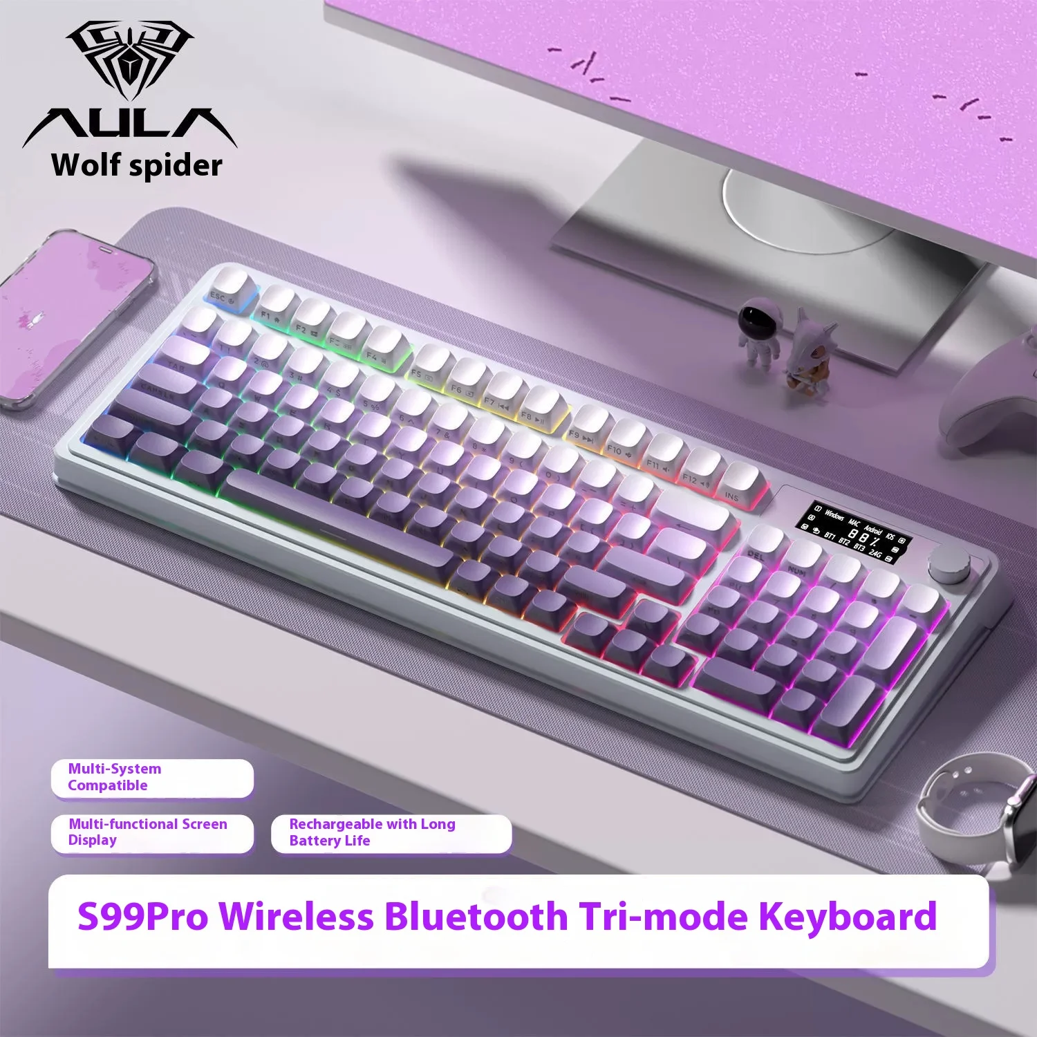 Aula Tarantula S99 Ergonomic Spider Keyboard Wireless Bluetooth Three Mode For Gaming And Office Use Computer Peripheral