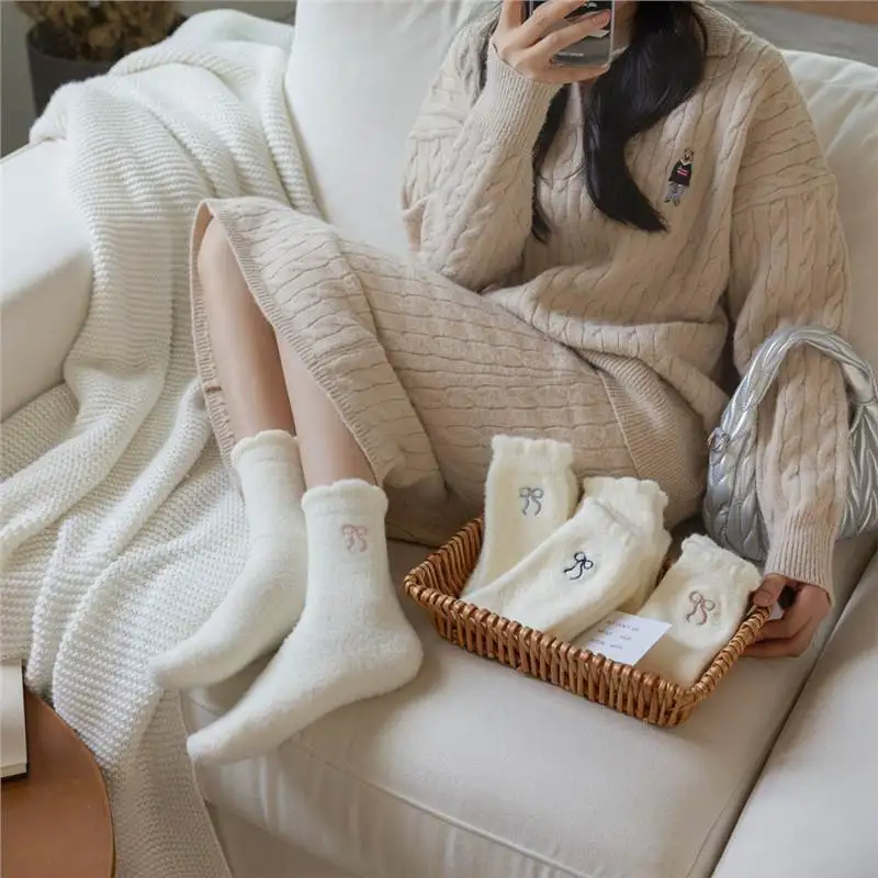 Damskie skarpety jesienno-zimowe, grube, z aksamitu norek, z kokardą, ciepłe skarpety zimowe.