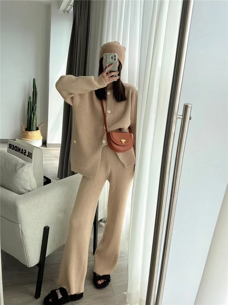 Women Sweater Winter 2 Piece Sets Elegnat Knitted Suits Female Sweaters Vintage Womens Pants High Waist Autumn Vintage Vestidos