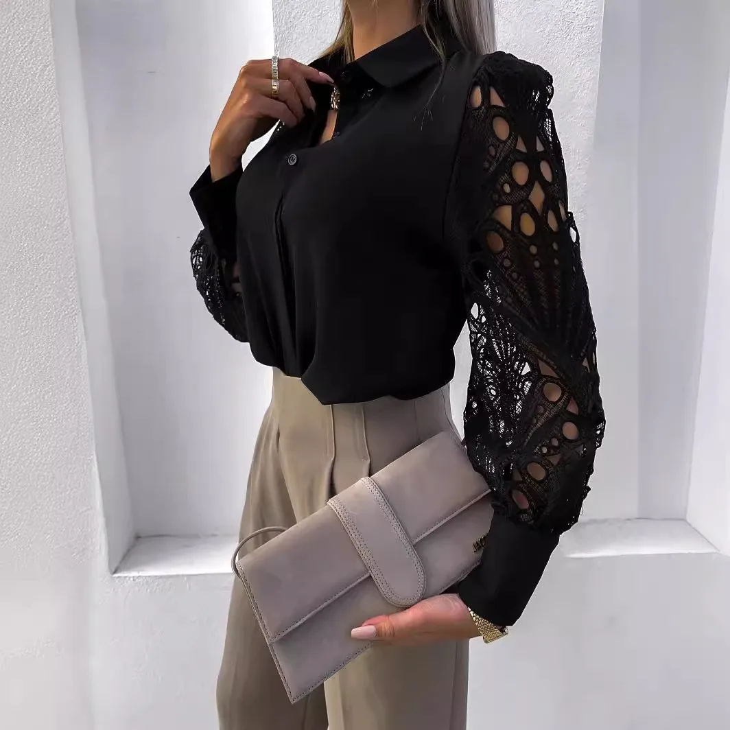

Весенне-летняя женская одежда: блузка с кружевной отделкой, однотонная, приталенного кроя, из полиэстера, с длинным рукавом, на пуговицах, топ для женщин.