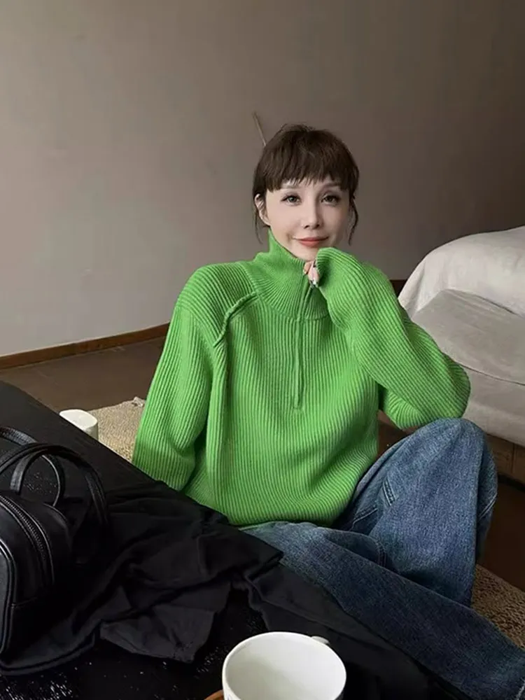 

Casual Loose Long Sve Knitted Sweater f Zipper Turtlene Faionable Winter New Sle Korean Version Regular Fit Pure ...