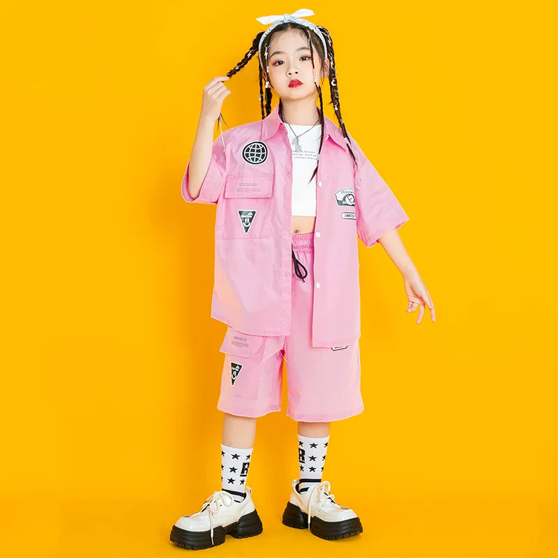 Kinderen Hip Hop Kostuum Kids Roze Pak Toevallige Korte Mouwen Straat Dansen Shirt Shorts Meisjes Jongens Jazz Prestaties Kleding