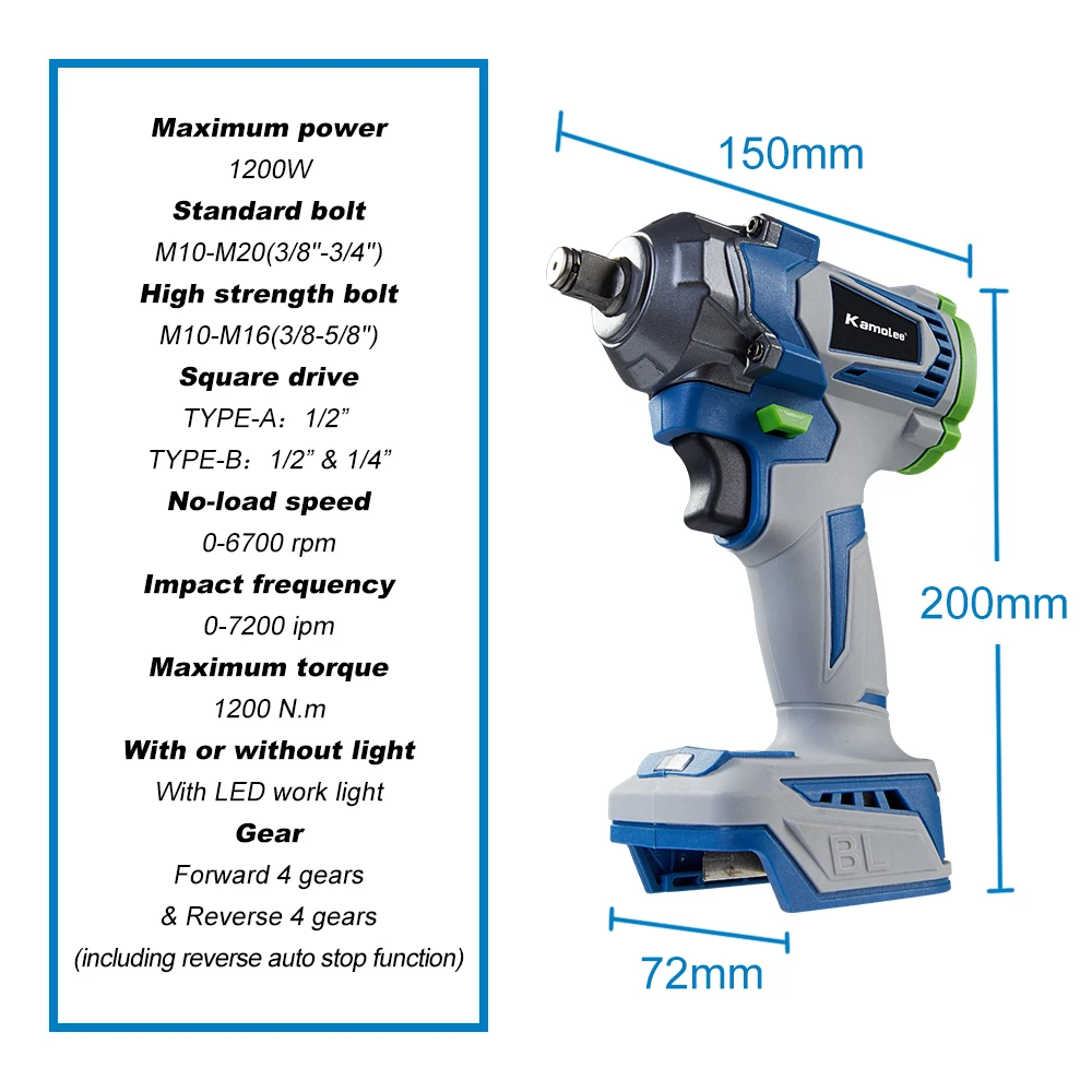 Kamolee-llave de impacto eléctrica sin escobillas, Torque de 1200n. M, 1/2, 1/4 pulgadas, batería de iones de litio para batería Makita de 18V