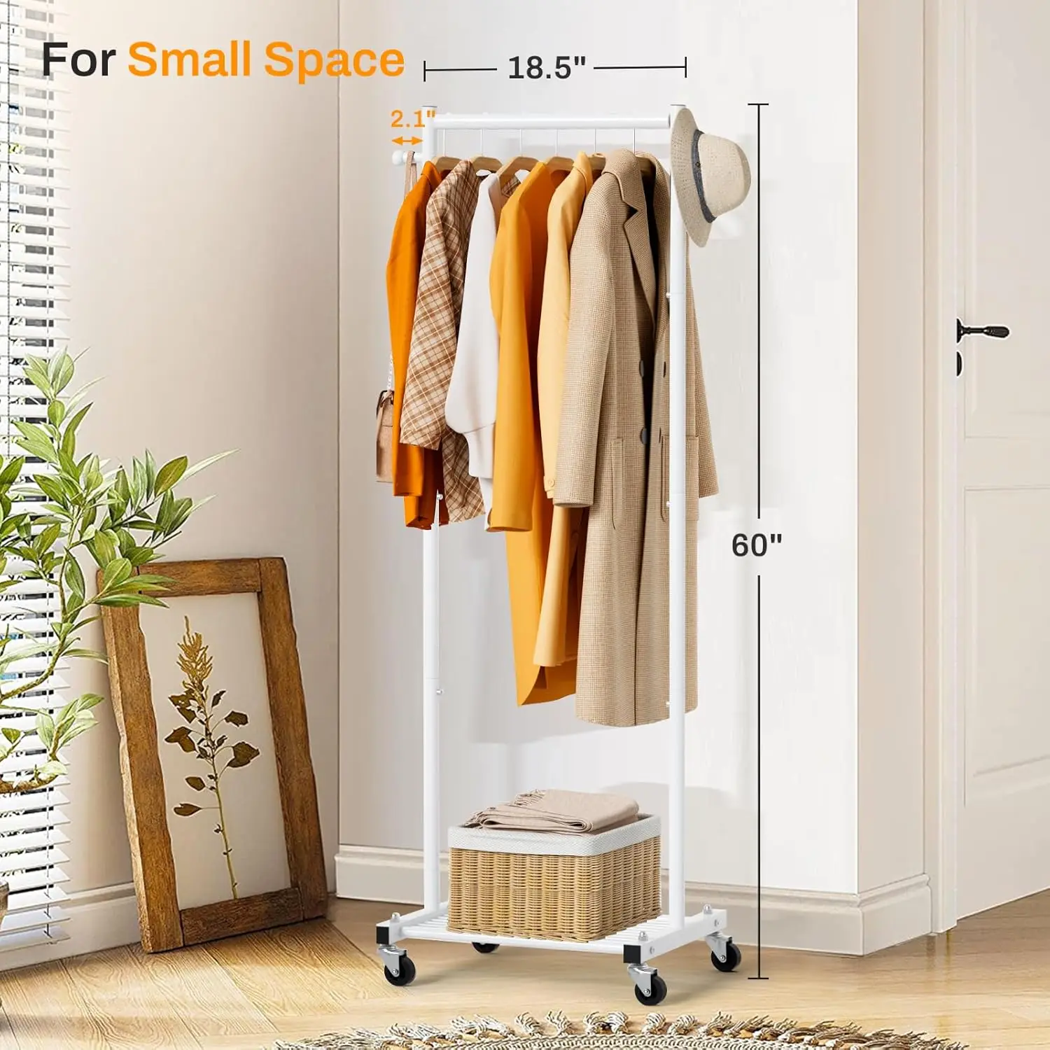 Small Clothes Racks for Hanging Clothes Clothing Rack with Wheels 60" Garment Rack with Shelves