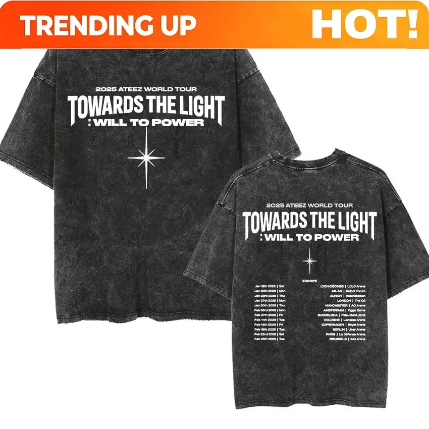 Customization Shirt Korean Ateez Fin Wjll Album Concert 2024 Vintage Washed T Shirts Men's Hip Hop Kpop Fashion Oversized T-shir