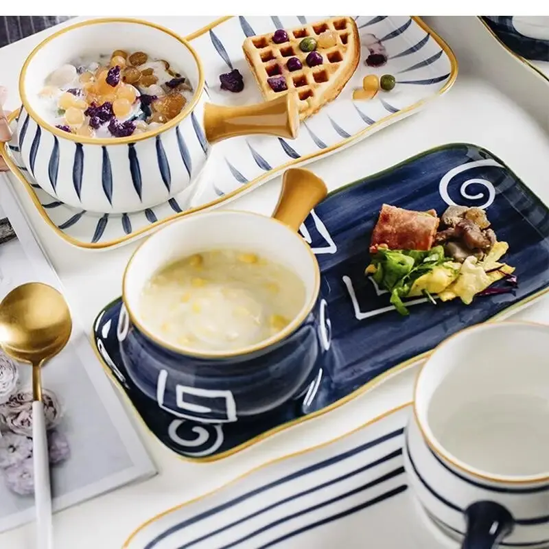 

Japanese Breakfast Plate Dessert Bowl Geometric Striped Ceramic Tableware Bread Dinner Steak Dish Restaurant Service