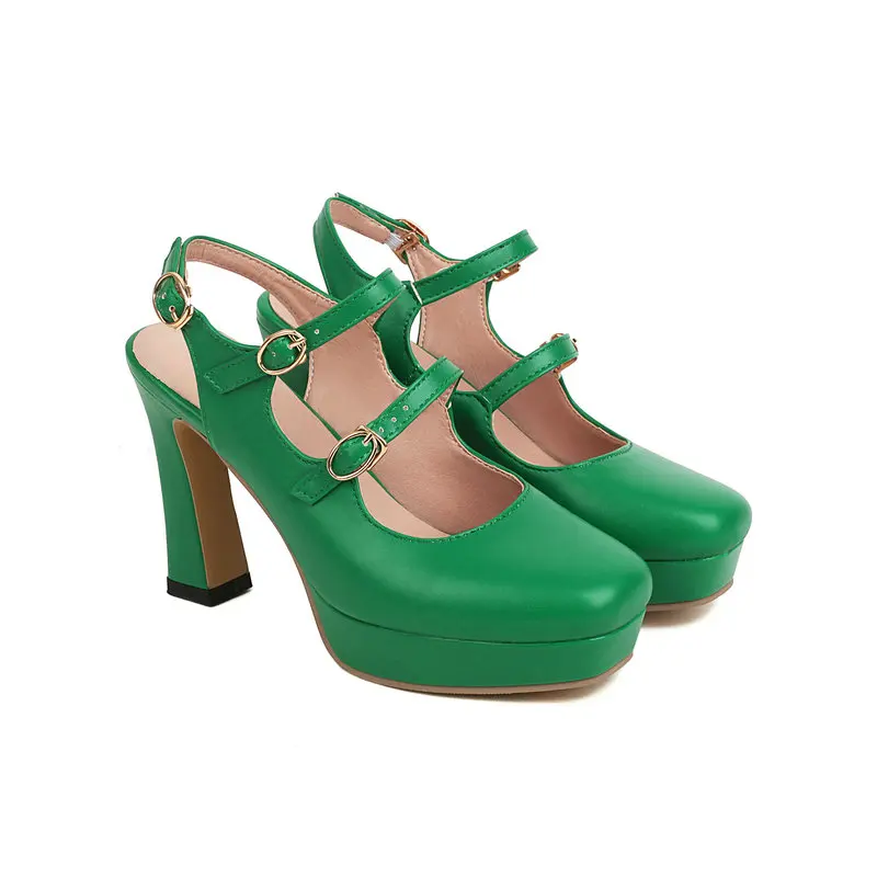 Bright Green Orange Blue Color Closed Toe Summer Mary Janes Heels Mature Sexy Woman Double Strap Platform Thick Heels Sandals