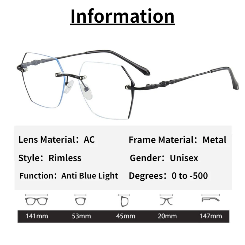 Rimless Myopia Glasses Women Vintage Blue Light Computer Eyeglasses Men Fashion Polygon Metal Frame Shortsighted Eyewear 0~ -5.0