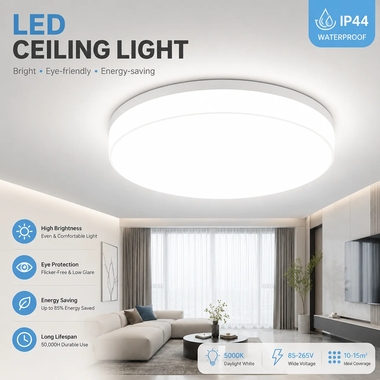 Modern 18-48W LED Ceiling Light 4320 Lumens Ceiling Lamp 3000K-6000K Home Lighting Fixture for Living Room Bedroom Kitchen 3 Sol