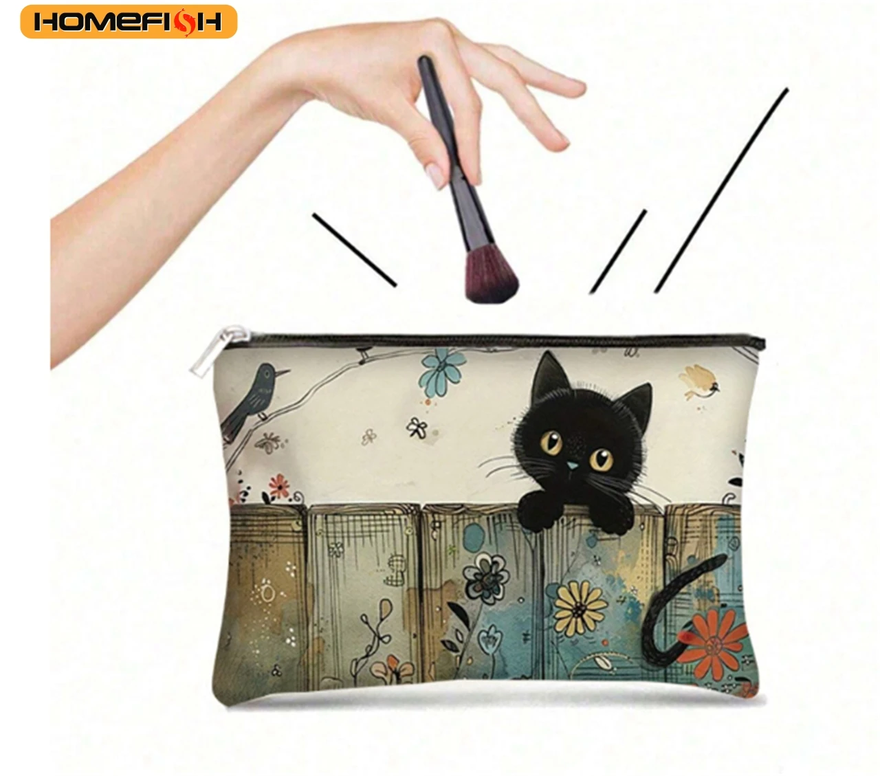 

HOMEFISH Black Cat Floral Zipper Pouch - Durable, Fade-Resistant Cosmetic Bag, Gift for Sisters, Friends, Cat Lovers | Vibrant