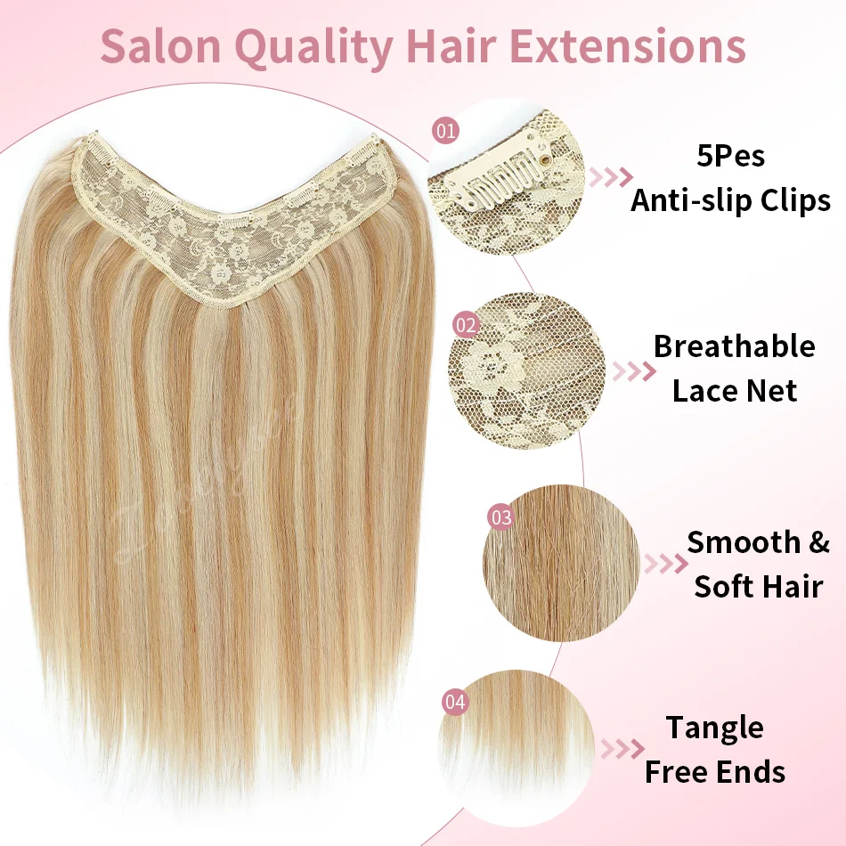 120G V-Shaped Straight Clip In Human Hair Extensions 14-28Inch Blonde Highlight 5 Clips One Piece Natural Hair Full Head Salon