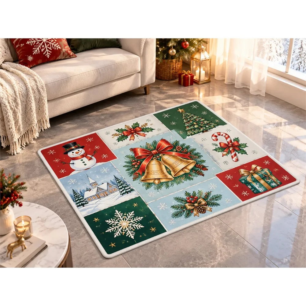 VIKAMA Christmas Ice Blue Bell Flannel Door Mat, Washable Quick Dry Xmas Mat, Christmas Decor for Mudroom, Farmhouse, Laundry