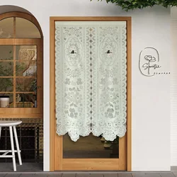 Japanese Style Doorway Curtains Noren, Cat Embroidery Lace Short Curtains for Shops, Kitchen Hollow Design Light Filtering Drape