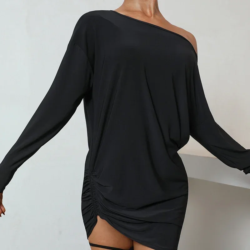 Robe de danse latine à manches longues pour adultes, haut noir sexy, vêtements d'entraînement, vêtements pour tango, salsa, cha cha, samba, rumba, ChrV13537