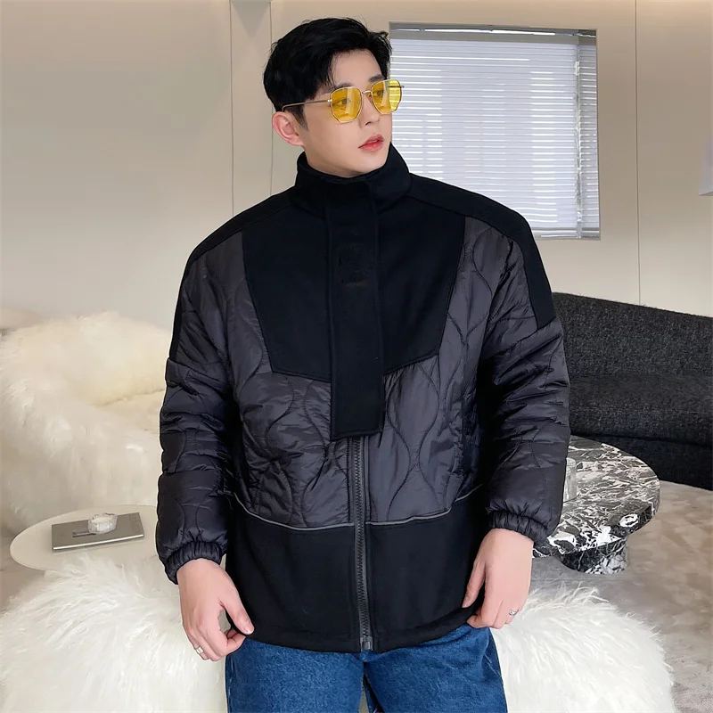 Korean Style Men's Parkas Stand Collar Thickened Casual Padded Jackets Loose Contrast Color Coats 2024 Winter