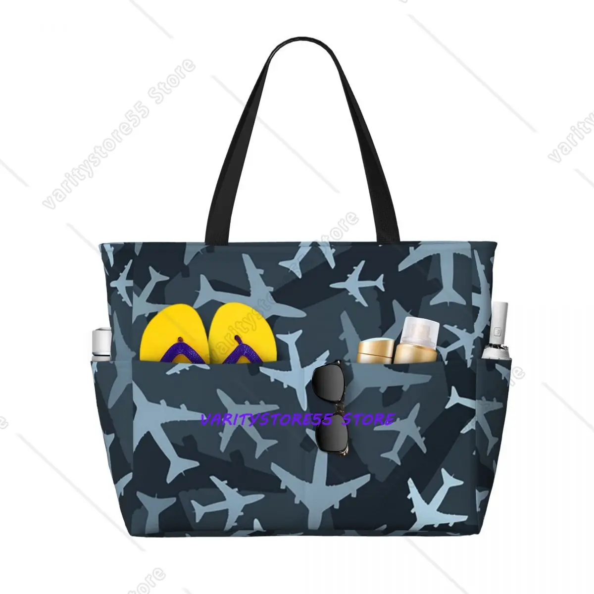 Random Airplanes Pattern Aviation Fighter Pilot Beach Tote Bag Sport Gym Yoga Duffle Large Tote Bag Women Travel Fitness