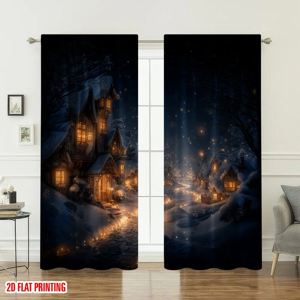 2 قطعة 2D الطباعة المسطحة عيد ميلاد سعيد الستائر دافئ الشتاء قرية مساء المشهد الرقمية المطبوعة البوليستر الستائر حفلة الأسرة #6