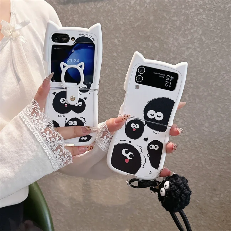 Kawaii B-Briquettes Elf 3D Cat Ear With Lanyard Phone Case for Samsung Galaxy Z Flip 3 4 5 6 5G PC Hard Anti-drop Back Cover