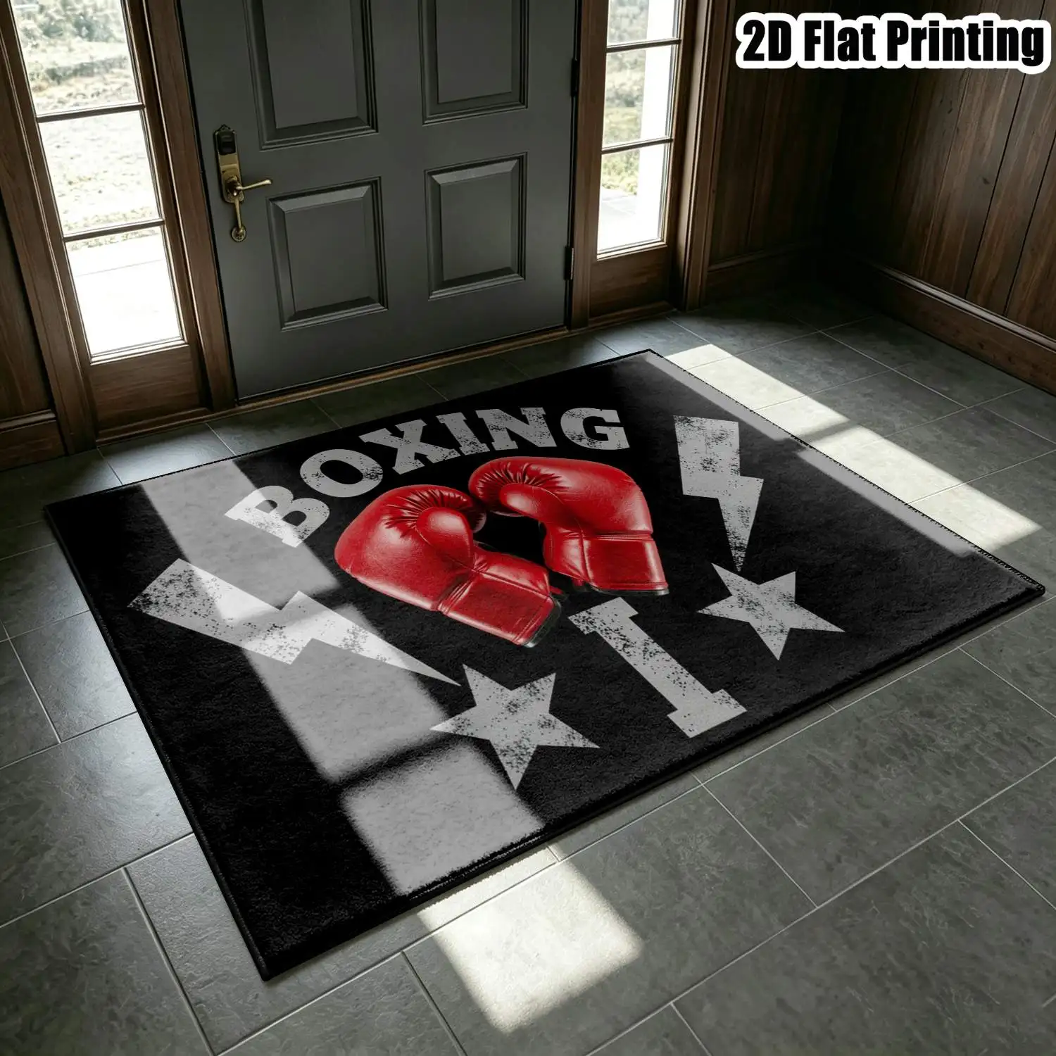 1Pc 2D Printed Red Boxing Glove Letter Pattern Carpet: Nordic/Instagram Style, Modern Minimalist Vintage Geometric Striped Floor Mat, Machine Washable, Multi-Size for Home Decor, Entrance/Dining/Foyer/Living/Bedroom