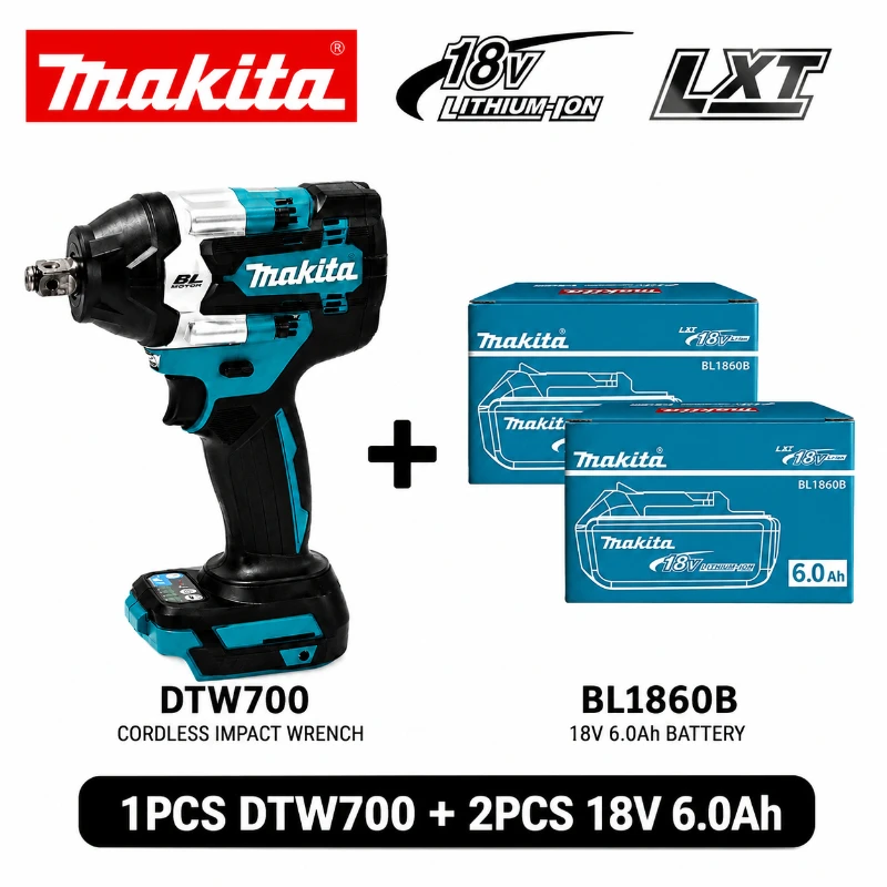 Original Makita DTW700 18V Bürstenloser Akku-Schlagschrauber 700Nm Hochdrehmoment Variable Geschwindigkeit Auto-Stopp Professionelles Elektrowerkzeug Kompatibel mit Makita BL1830 BL1840 BL1850 BL1860B