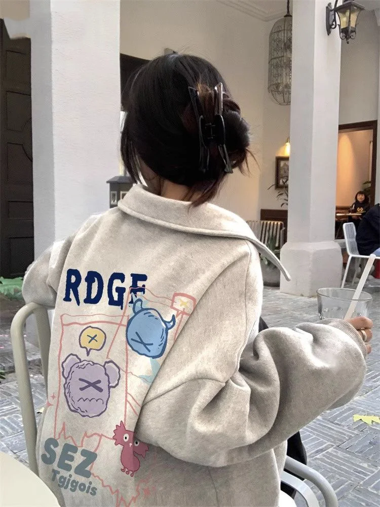 2024 Women Cartoon Print Hoodies Gray Polo Collar Sprot Sweatshirts Y2K Winter Autumn Vintage Oversized Warm Hoodies With Pocket